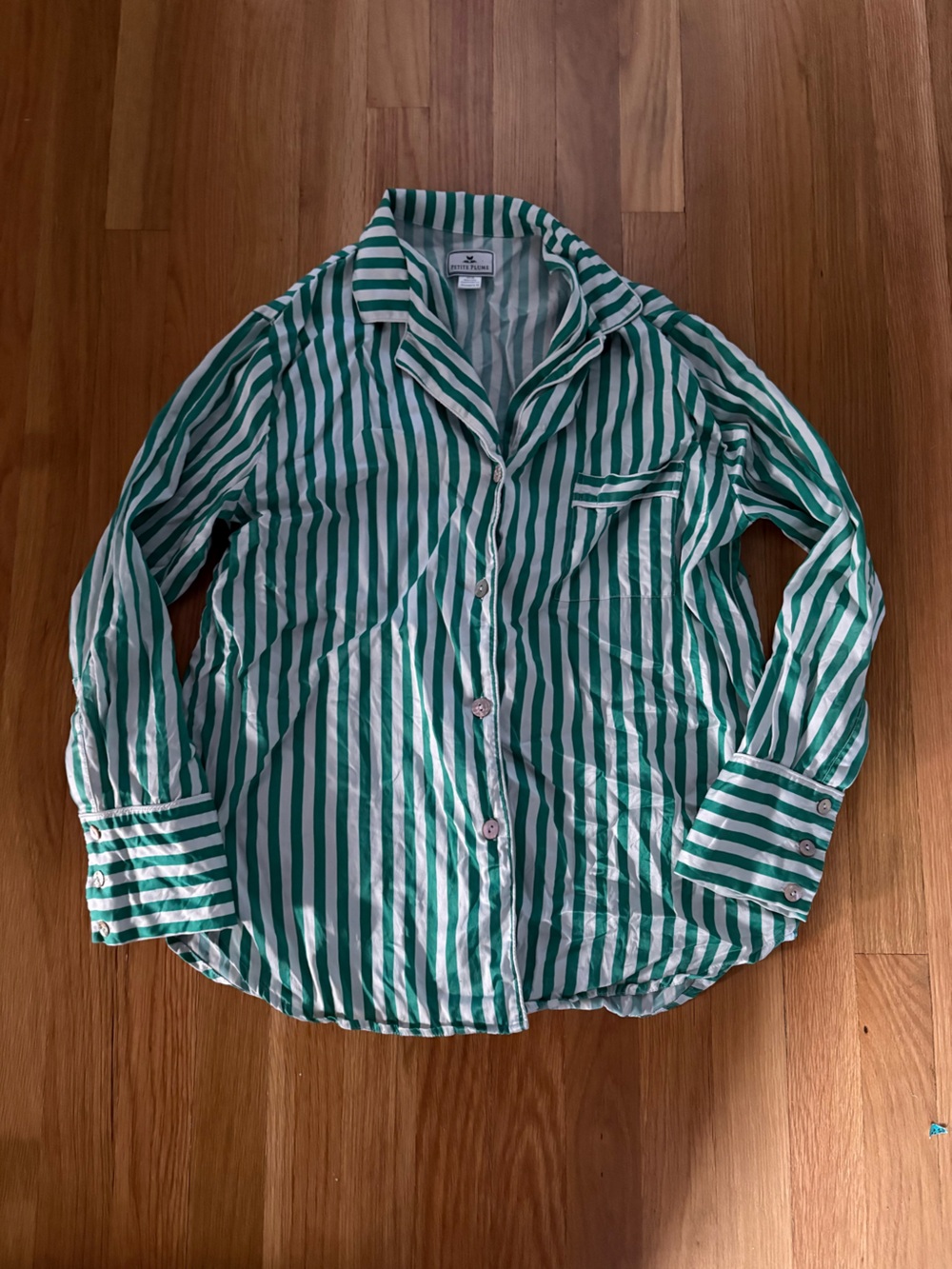 Petite Plume Silk Green and White Striped Pajama Top size M